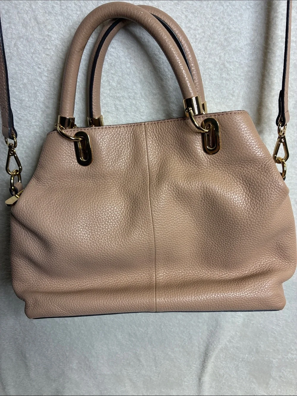 Vince Camuto Pebbled Leather Satchel in Dusty Taupe with Tassel